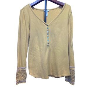 Sundance Mustard Yellow Waffle Knit Henley Top Lace Crochet Cuff Women Large